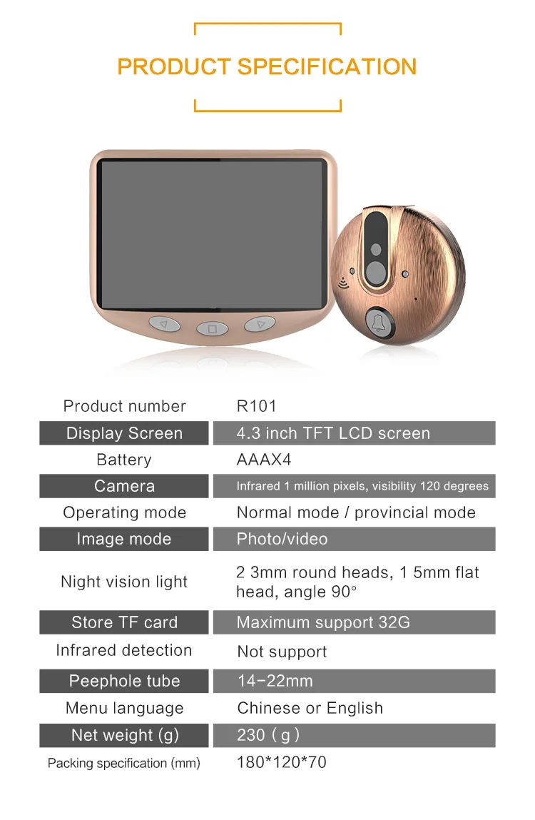Цифровой глазок дверной звонок камера видео глаз 4,3 дюймов TFT lcd ИК ночного видения 1,0 м CMOS дверная камера 4 AAA сухая батарея Макс 32 Гб