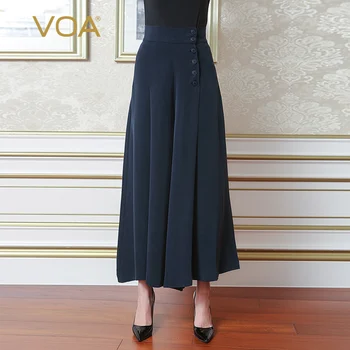 

VOA High Waist Palazzo Wide Leg Pants Heavy Silk Loose Trousers Women Broeken Ladies Casual pantalon Plus Size Navy Blue K5330