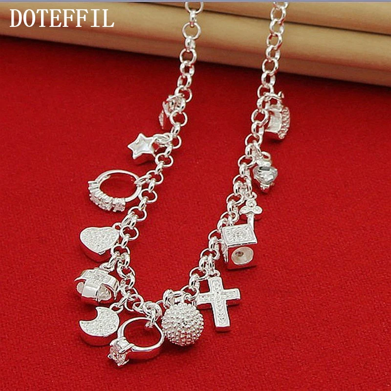DOTEFFIL 925 Sterling Silver Cross Heart Moon Ball Multiple Pendants Chain Necklace For Woman Wedding Fashion Jewelry Charm - Image 4