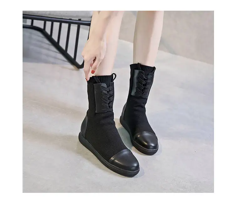 2018 Autumn And Winter Boots Women's Leather Increased Thick Bottom Elastic Boots Med-HeelFashion Winter Ankle Boots WomenM8D156 (16)