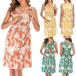 Платья для беременных женщин с глубоким v-образным вырезом Цветочная Безрукавка С Принтом Короткое платье для беременных фотография Ropa Premama