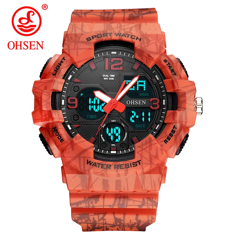 

OHSEN Analog Digital Men Watch LED Dual Alarm Waterproof 50m Sports Military Orange Watches Rubber Quartz Clock Hombre Relogio