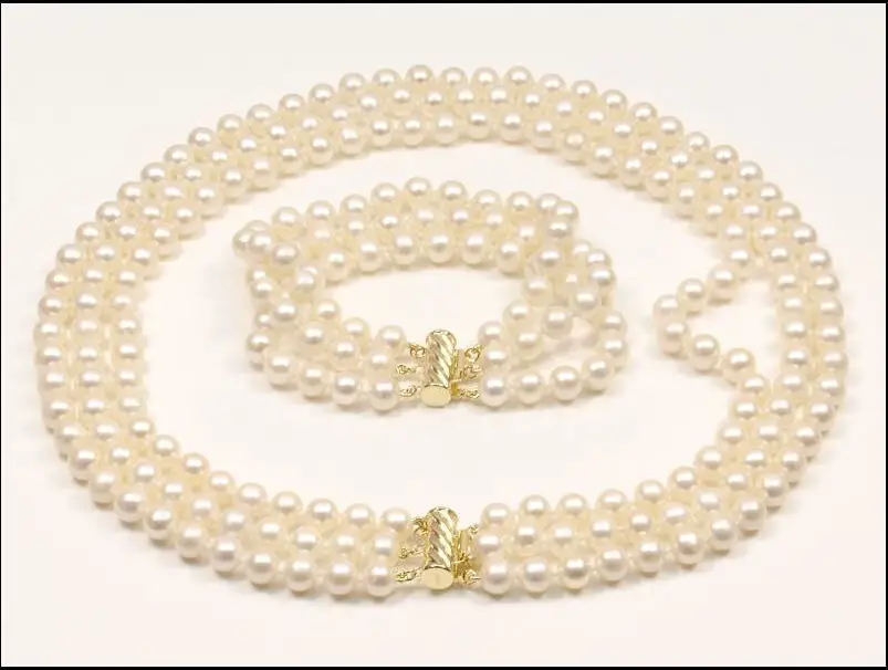 

3 ROW 18" AAA 5-6 MM GENUINE WHITE PEARL NECKLACE BRACELET 14k/20 GOLD CLASP