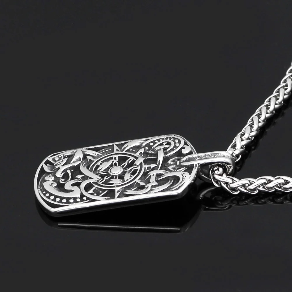 Men stainless steel viking odin's wolf amulet compass dog tag pendant