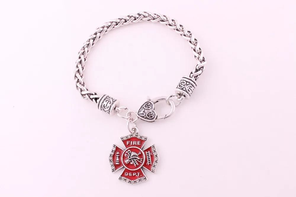 

New Arrival Metal studded with sparkling crystal FIRE DEPT Badge charm bracelet