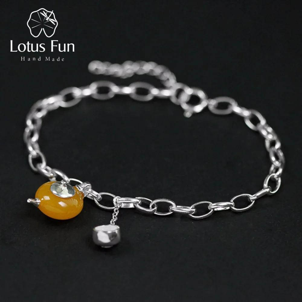 Lotus Fun Real 925 Sterling Silver Natural Amber Handmade Fine Jewelry Vintage Cute Teapot Bracelets for Women Bijoux