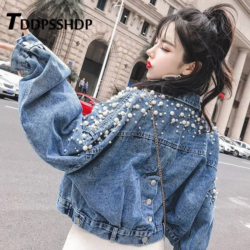 2019 الربيع اللؤلؤ ديكور الحلو الدنيم النساء معطف اللون الأزرق قصيرة نمط طويلة الأكمام الإناث سترة