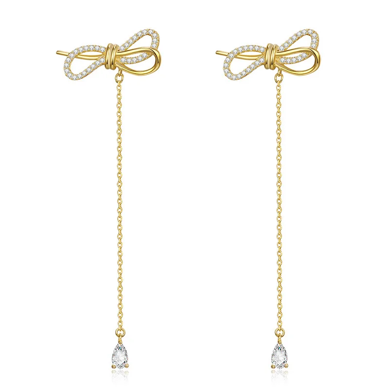 

2019 New Arrival Sterling Silver Earrings Gold Color Bow Knot Long Dangler AAA Zircon Insert Drop Earrings for Women Brincos
