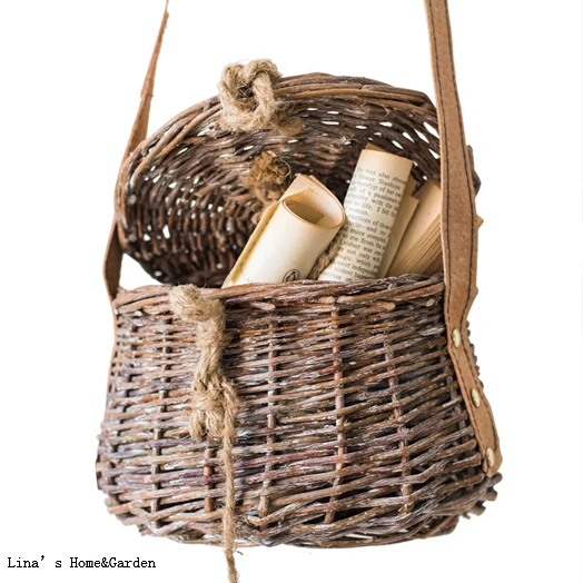 Vintage Hand Woven Willow Fish Basket With Faux Leather Strap Storage