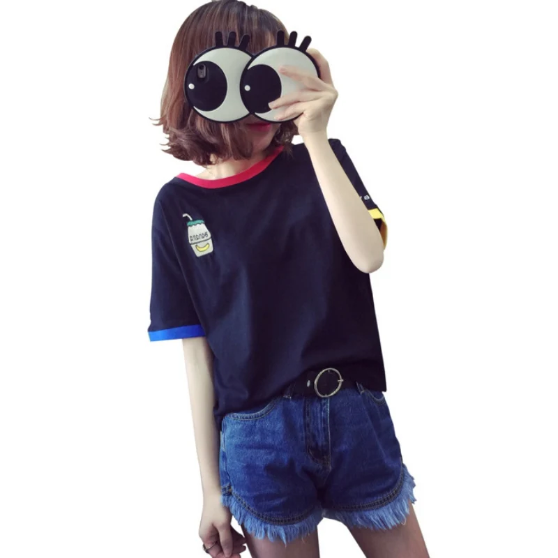 

Korean summer ulzzang Harajuku milk Embroidered t-shirt women short-sleeve woman T-shirt small fresh Women Clothing