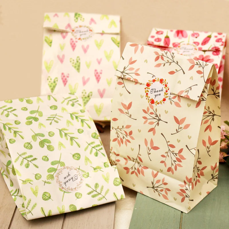 12pcs Flowers Paper Gift Bags with Thank You Paper Sticker Craft Gift Candy Packing Paper Bags Wedding Birthday Party Decoration