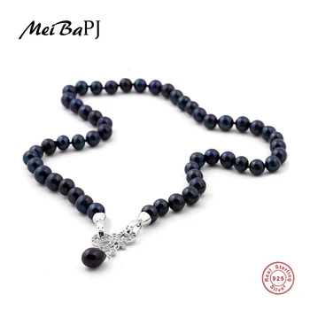 

[MeiBaPJ] 43cm Black real natural pearl beads necklace with 925 sterling silver bow pendant Party Jewelry gift box