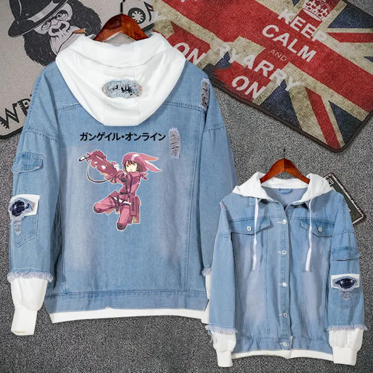 Anime Sword Art Online Alternative Gun Gale Online Jeans Coat Men Autumn Winter Jacket Hooded Sweatshirt Fashion Denim Outwear Anime Sword Art Online Alternative Gun Gale Online Jeans Coat Men Autumn Winter Jacket Hooded Sweatshirt Fashion Denim Outwear