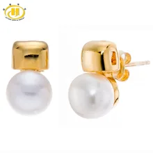 Hutang Soild de Perlas de Agua Dulce 925 Pendientes de Plata Esterlina Fina Joyería de La Boda de Las Mujeres (9-9.5mm)