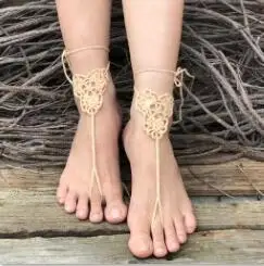 1 Pairs Trendy Handmade Crochet Barefoot Sandals Beach Yoga Anklet Jewelry Geometric Pattern Bridal Wedding Anklet Accessories - Color: khaki