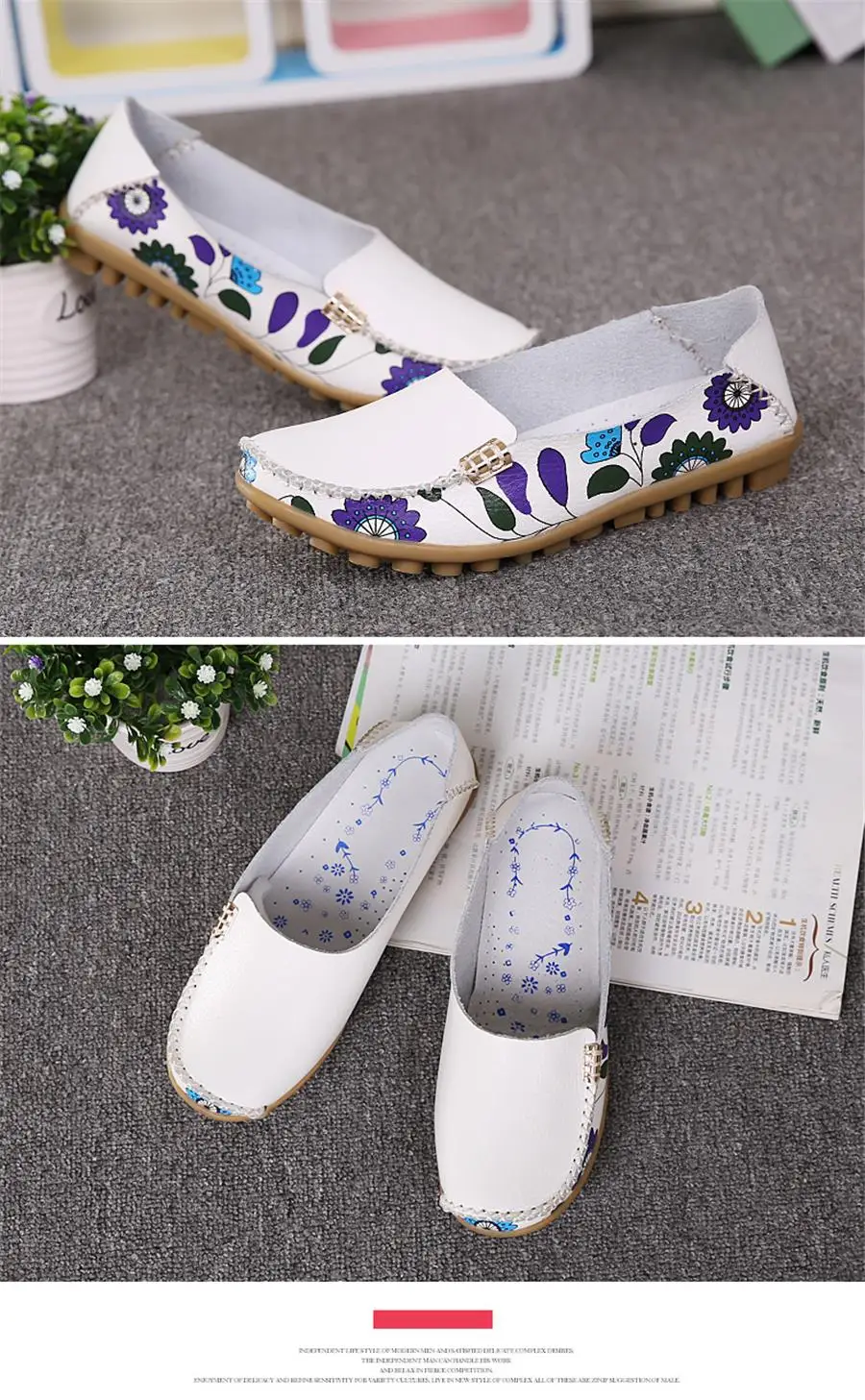 Women Flat Shoes Fashion Ballet Summer Flower Print Women Shoes Genuine Leather Loafers Ladies Shoes Woman Soft Footwear 42