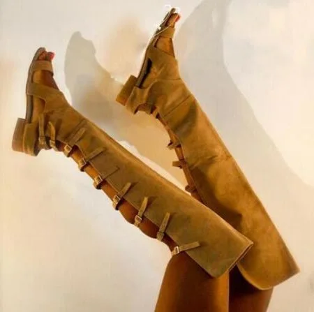 

Summer Woman Solid Brown Suede Cuts Out Buckles Strap Boots Open Toe Low Square Heels Casual Over The Knee Long Sandals Boots