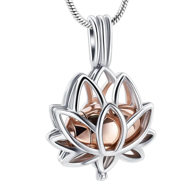 IJD20001 Stainless Steel Lotus Flower Keepsake Locket Hold Gold Color Mini Urn for Loved One's Sharing Ashes Cremation Jewelry