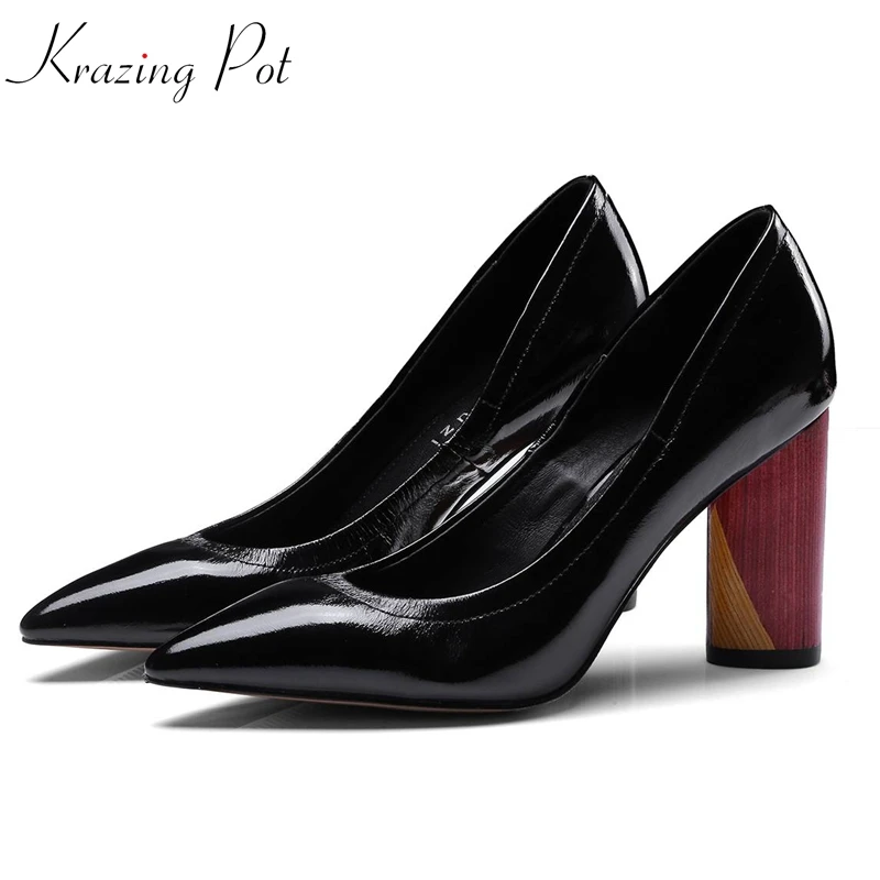 

Krazing Pot 2019 full grain leather pointed toe round mixed color high heel brand slip on wedding Korean dress lady pumps L96