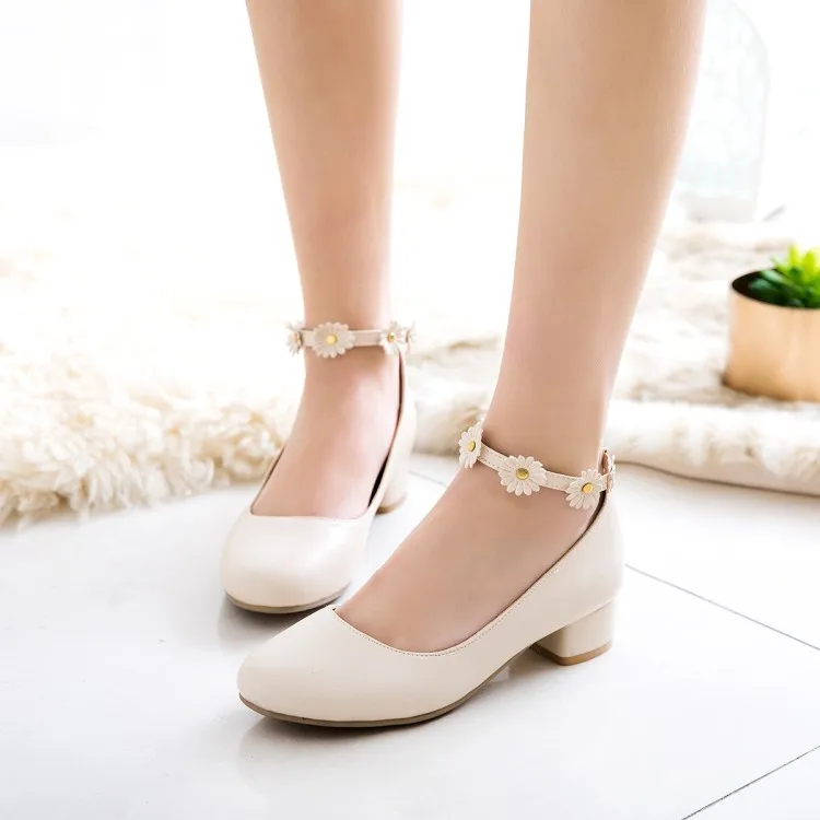 

Big Size 11 12 13 14 ladies high heels women shoes woman pumps Round head, shallow mouth, thick heel, square and flower buckle