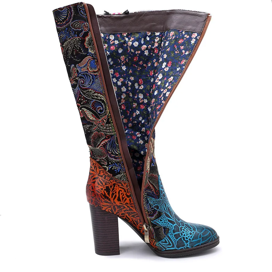 Retro Bohemian Knee High Boots Women Shoes Genuine Leather Cowgirl Women Boots Autumn Winter Vintage Zip Block Colors High Heels (13)