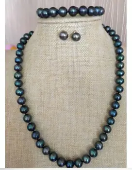 

Beautiful AAA 9-10mm Tahaitian Black Pearl Necklace Bracelet Earring Set