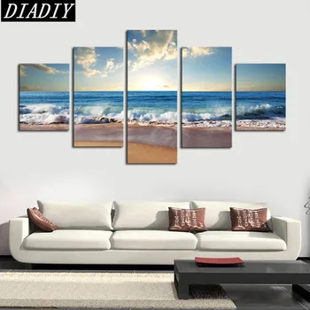 

5 Panels(No Frame) Blue sea water Diamond Embroidery scenic Mosaics 5d Diy Diamond Painting scenic For Kids Room Decoration