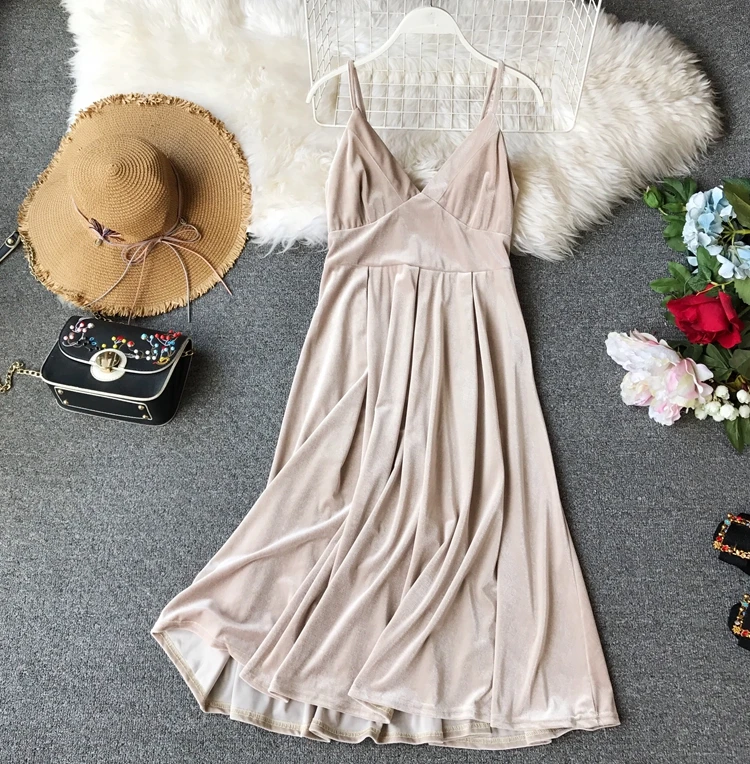 Baratos 2019 nuevo primavera y verano negro club nocturno Sexy sin mangas vestido de terciopelo mujeres elegantes Vestidos E840