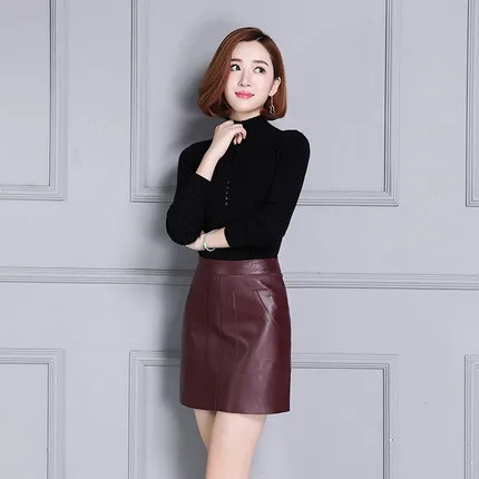 Женская тонкая кожаная юбка с высокой талией из овчины K111|high waist leather skirt|leather