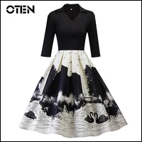 OTEN-Printed-dress-Women-2018-Spring-3-4-Sleeve-V-neck-Elegant-Ladies-Casual-A-Line