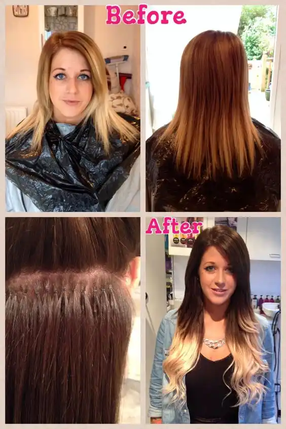 Woman Human Hair Extensions Before And After Silicone Microlinks
