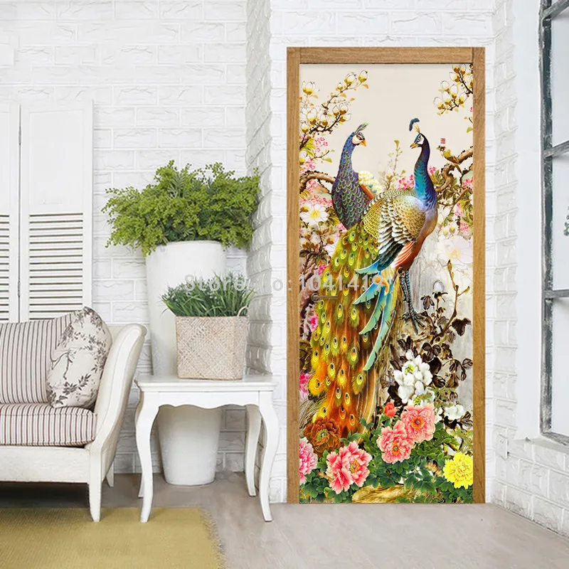 Китайский стиль романтическая Павлин 3D настенная бумага гостиная фото настенная Дверь Наклейка ПВХ водостойкая виниловая настенная бумага домашний декор
