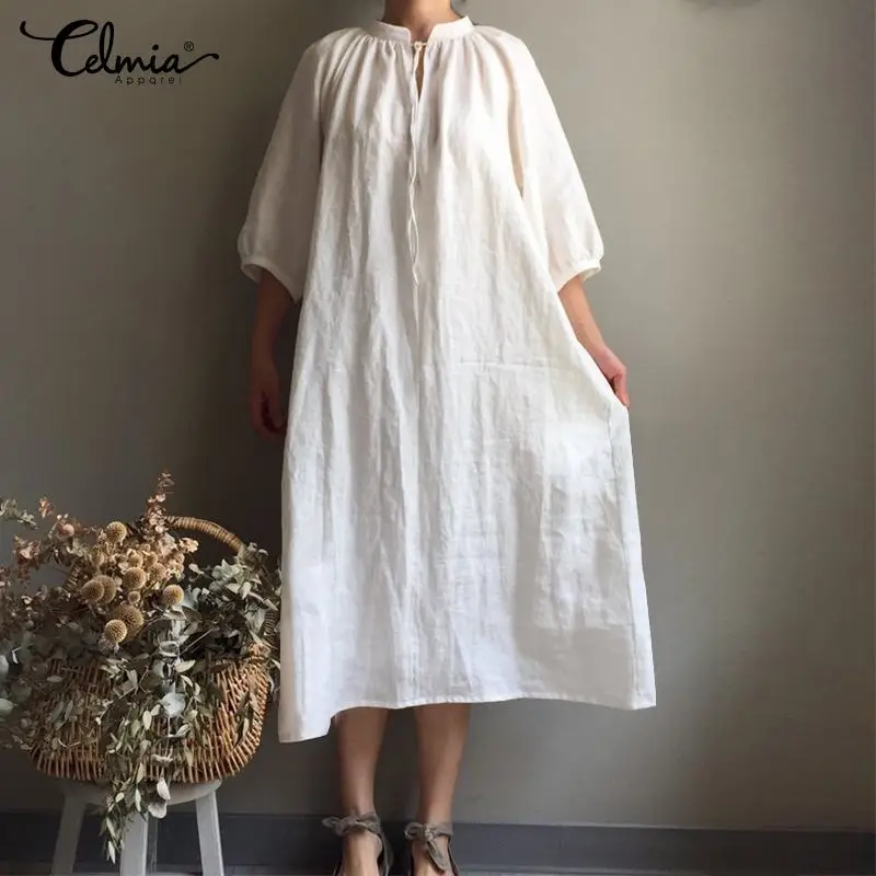 

Plus Size Summer Dress For Women Casual V Neck Vintage Cotton Shirt Dresses 2019 Celmia Half Sleeve Pleated Loose Solid Vestidos