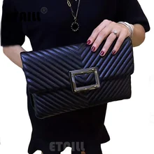 V Form Diamond Lattice Black Quilted Chain Clutch Bag Leather Fashion Envelope Bag Famous Brand Plaid Shoulder Crossbody Bag