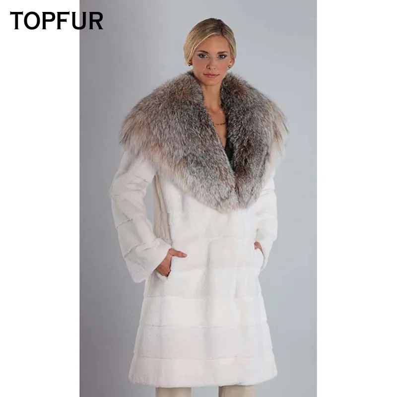 TOPFUR New Natural Real Mink Fur Coat Women 90 CM Long Winter Mink Fur Jacket Luxury White Color Coat With Big Fox Fur Collar TOPFUR New Natural Real Mink Fur Coat Women 90 CM Long Winter Mink Fur Jacket Luxury White Color Coat With Big Fox Fur Collar