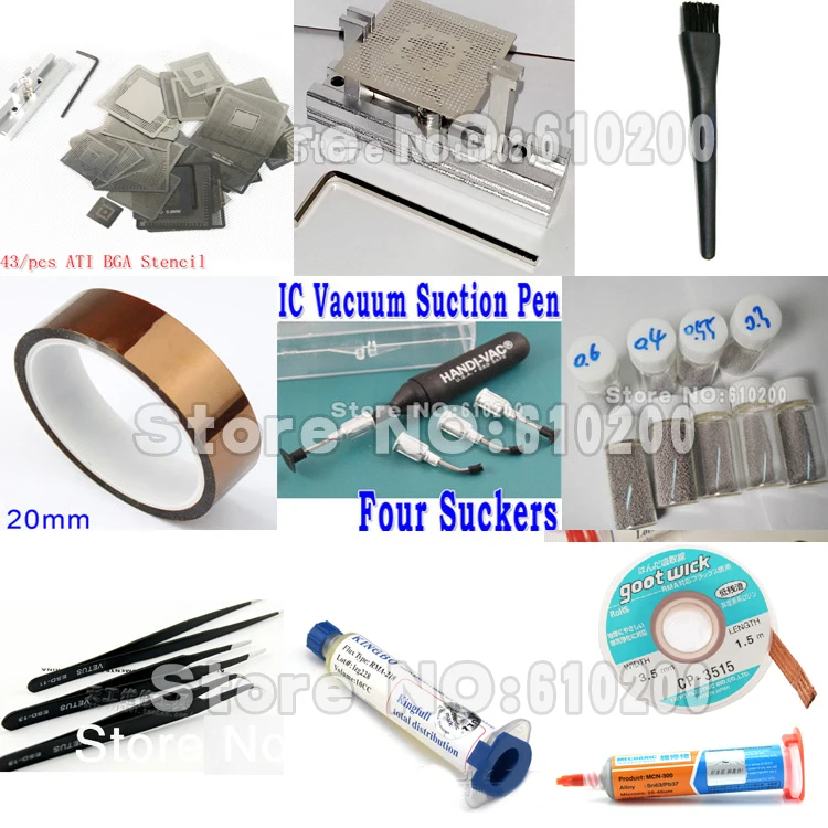 

43pcs/set ATI Chip Direct heating BGA stencil BGA templates Bga Reballing Stencil Kit set Paste flux+solder paste+soldering wick