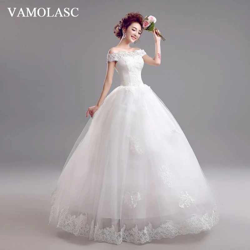 

VAMOLASC Boat Neck Lace Appliques Ball Gown Wedding Dresses Off The Shoulder Short Sleeve Backless Bridal Gowns
