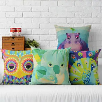 

Watercolor animal pillow ,Simple Hippo Owl Peacock pillow Cushion ,Linen pillowcase,home decorative sofa pillows