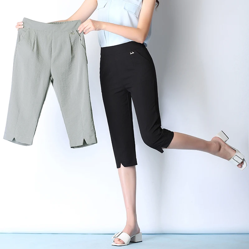 

Real fashion temperament cropped trousers 2019 summer thin section ice silk cotton pants large size casual trousers