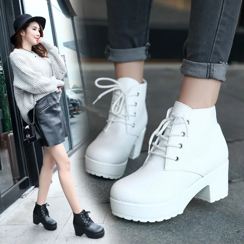 

Black White Platform Ankle Boots for Women High Heels Boots Ladies Zip Autumn Winter Booties Woman Boots Shoes Dropshipping35-45