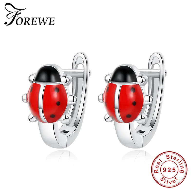 

FOREWE 925 Sterling Silver Earrings Cute Ladybug Red Enamel Animal Stud Earrings for Women Girls Fashion Jewelry 2018 New