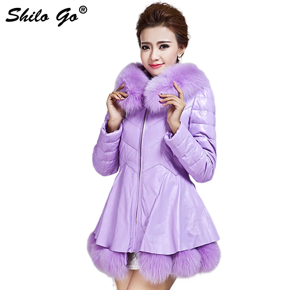 SHILO GO Down Leather Coat Womens Winter Fashion sheepskin genuine leather coat real fox fur collar hooded A Line fur skirt coat