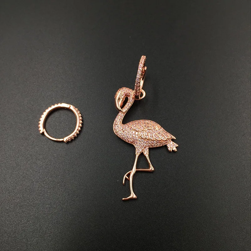 Новая мода розовый Фламинго горный хрусталь серьги асимметричные циркон серьги микро-комплект из розового золота серебряные ювелирные изделия с изображениями птиц для музыки Вечерние