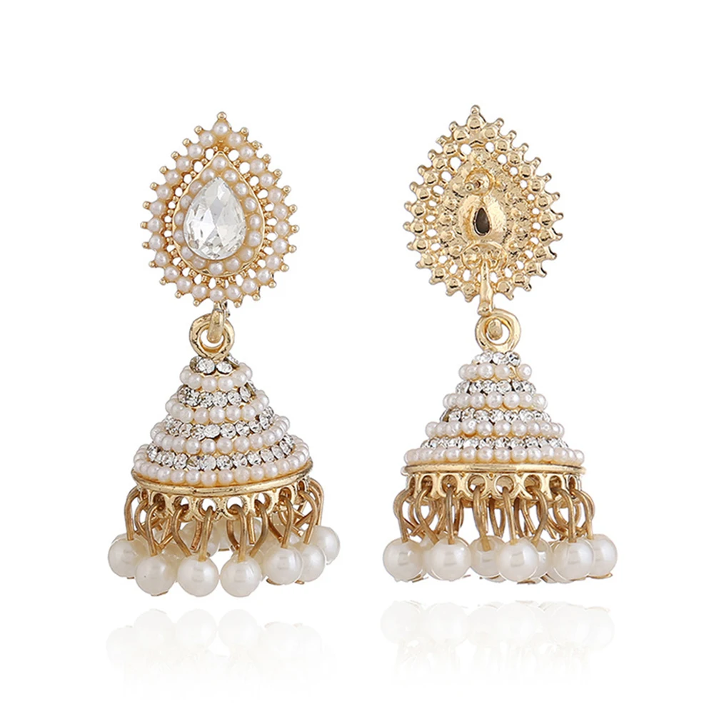 

New Elegant Water Drop Bollywood Gold White Jewelry Indian Pearl Drop Earrings Jhumka Jhumki Women Jewelry Alloy Retro Abstract