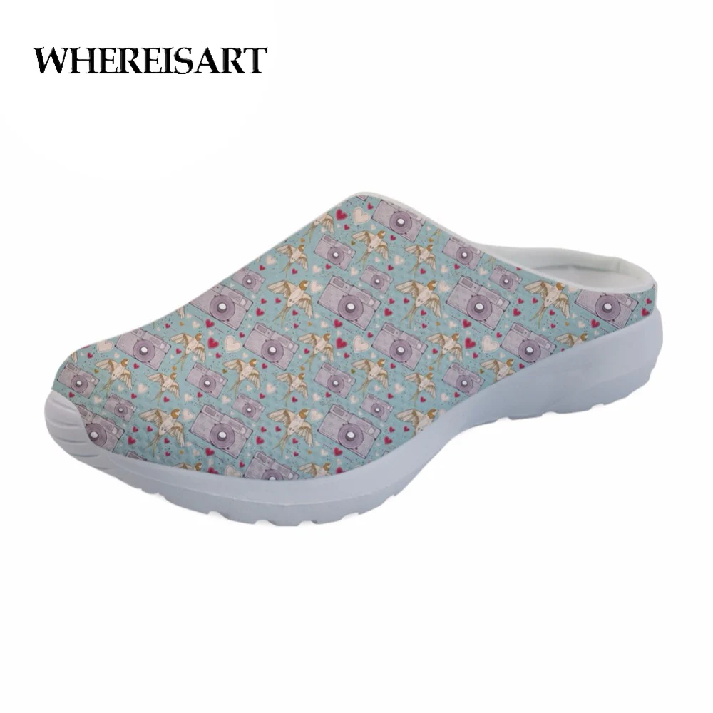 

WHEREISART Summer Women Slippers Vintage Camera Photography Bird Prints Casual Women's Sandals Woman Mesh Water Shoes Slippers