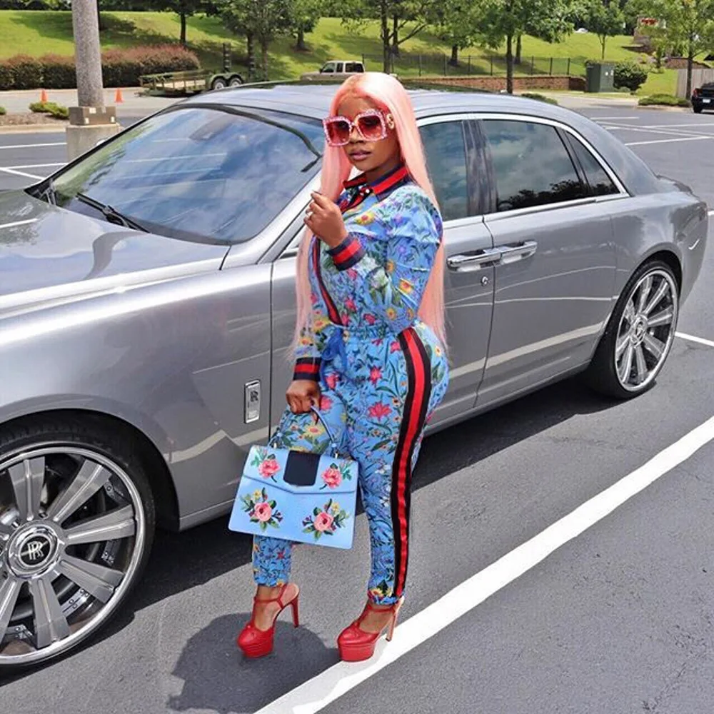 

2019 new women's wear north American style sexy fashion fall digital print zipper pencil pants track suit two-piece suit