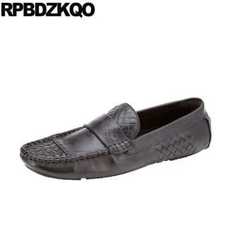 

black genuine leather driving breathable braided shoes moccasins summer luxury men classic woven british style loafers slip on