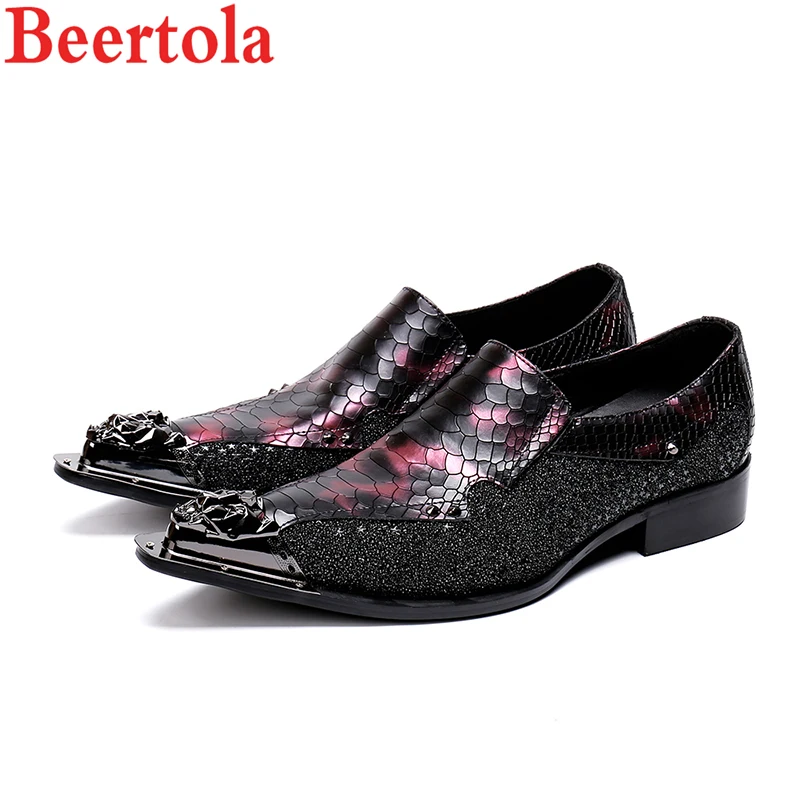 

Beertola Men Shoes Crystals Metal Totem Toe Mixed color Snakeskin Style Slip-On Loafers Cow Leather Moccasins Dress Oxford Shoes