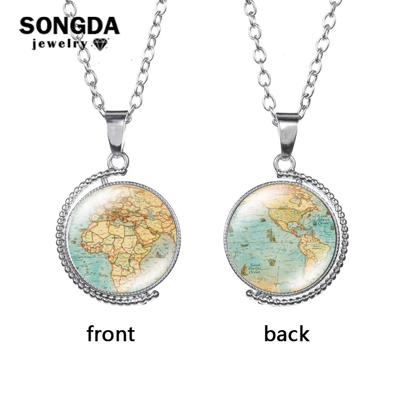 

SONGDA Earth World Map Globe Dome Necklace Rotatable America New York Map Pendant Necklaces Handmade Creative Gift Charm Jewelry