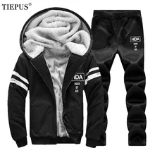 TIEPUS, мужские спортивные костюмы, зимнее флисовое теплое пальто с капюшоном,, Осень-зима, мужской повседневный костюм, куртка+ штаны, мужской спортивный костюм